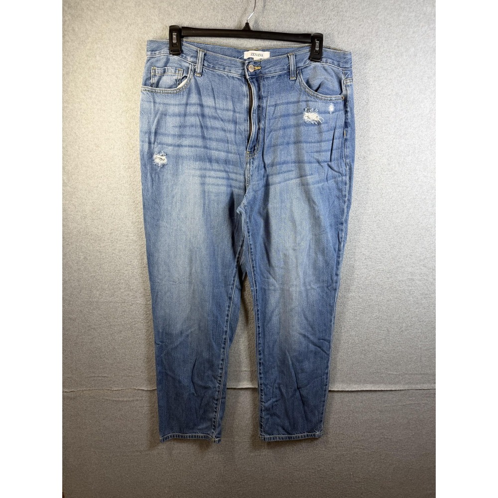 Zenana Jeans Womens 34 Blue Relaxed Straight Distressed Medium Wash Denim Pants